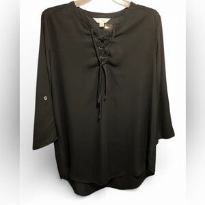 Decree Black Lace-Up V-Neck Blouse XL Roll Tab Sleeves